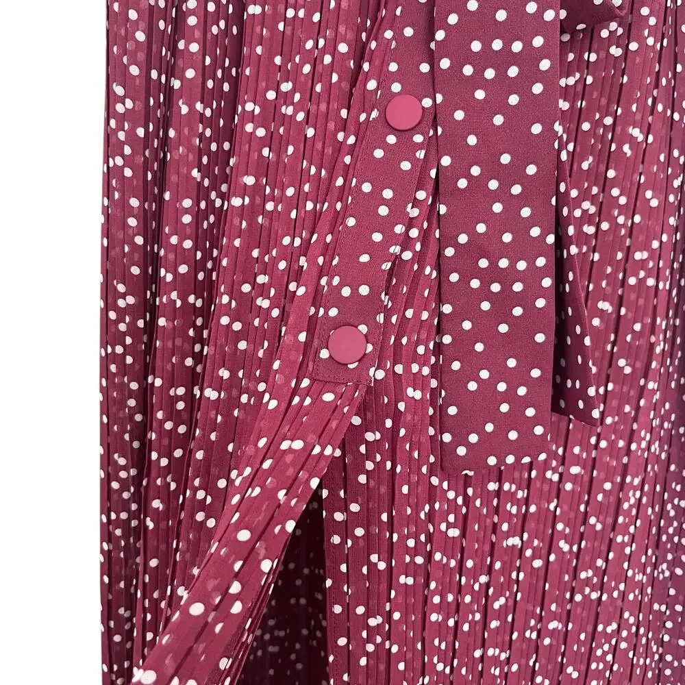 Zara Burgundy Red Polka Dot Print Pleated Tie Waist Maxi Skirt Size XL